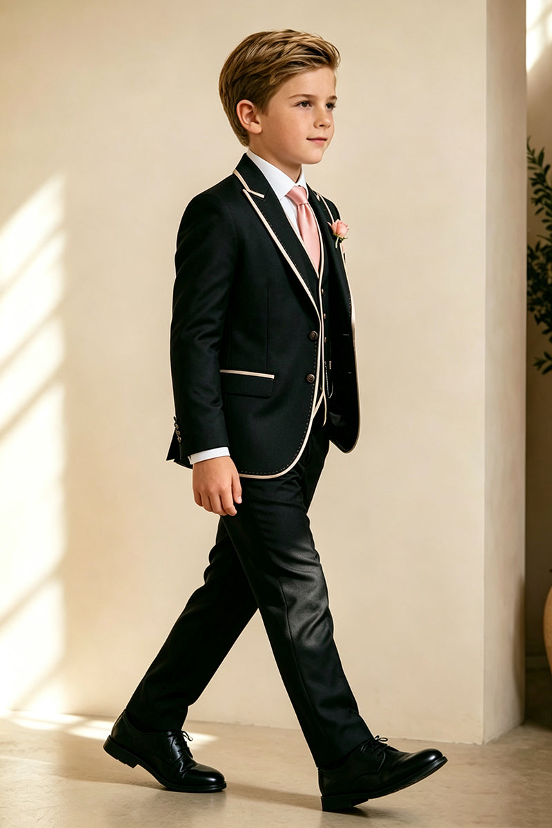 Boys Black with Champagne Piping Trim 3‑Piece Suit for Weddings
