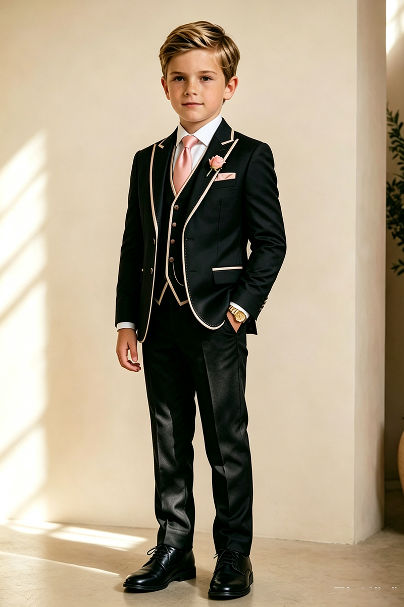 Boys Black with Champagne Piping Trim 3‑Piece Suit for Weddings