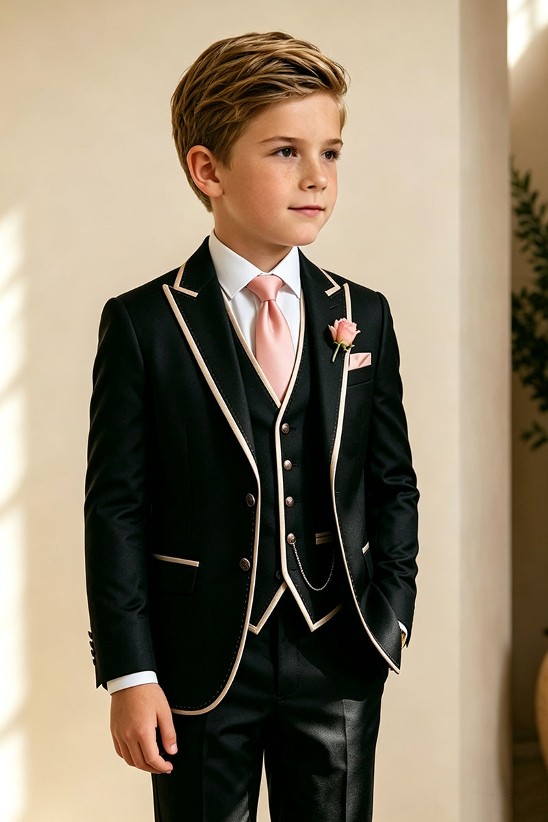 Boys Black with Champagne Piping Trim 3‑Piece Suit for Weddings
