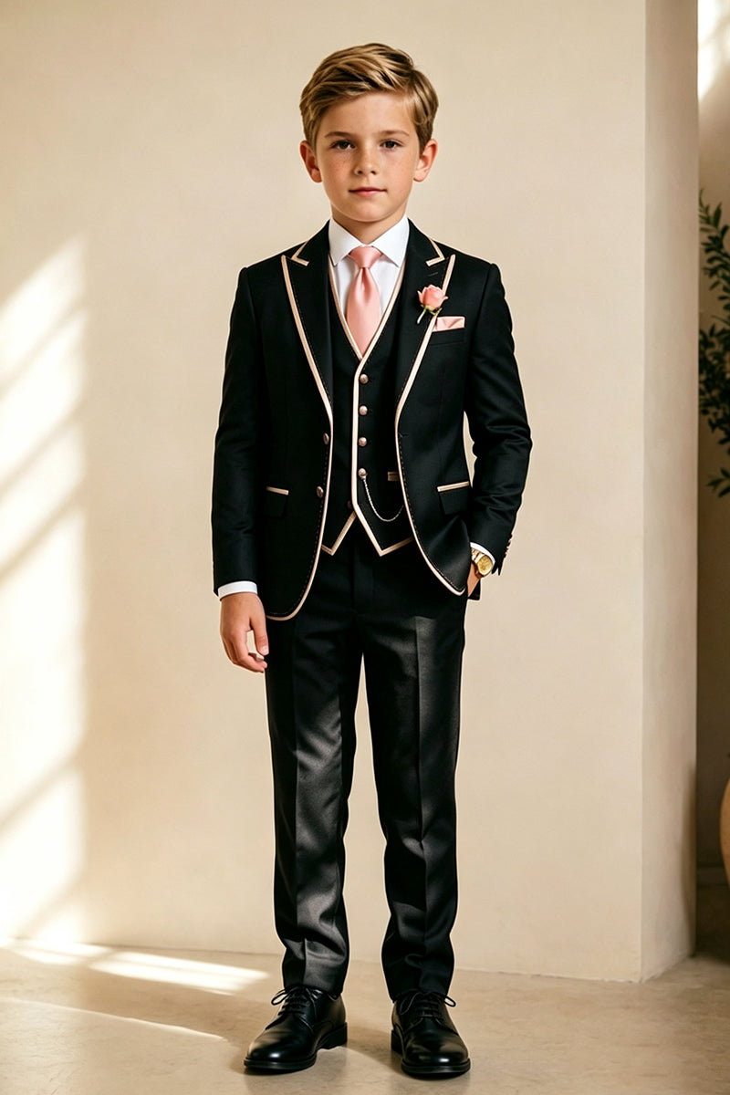 Boys Black with Champagne Piping Trim 3‑Piece Suit for Weddings