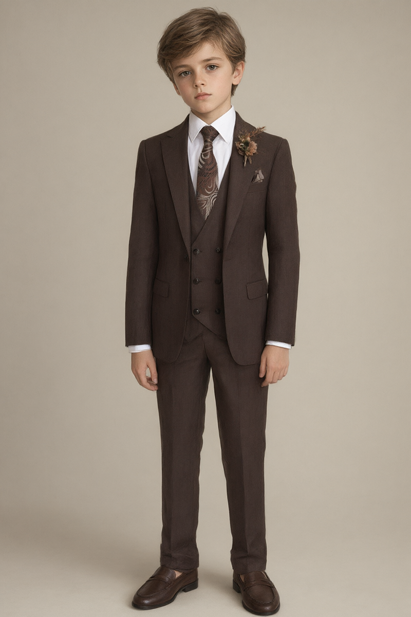 Boys Brown with Notch Lapel 3‑Piece Suit for Weddings
