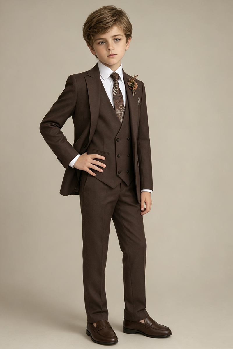 Boys Brown with Notch Lapel 3‑Piece Suit for Weddings