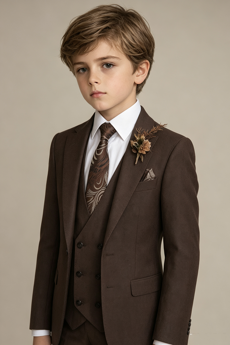 Boys Brown with Notch Lapel 3‑Piece Suit for Weddings