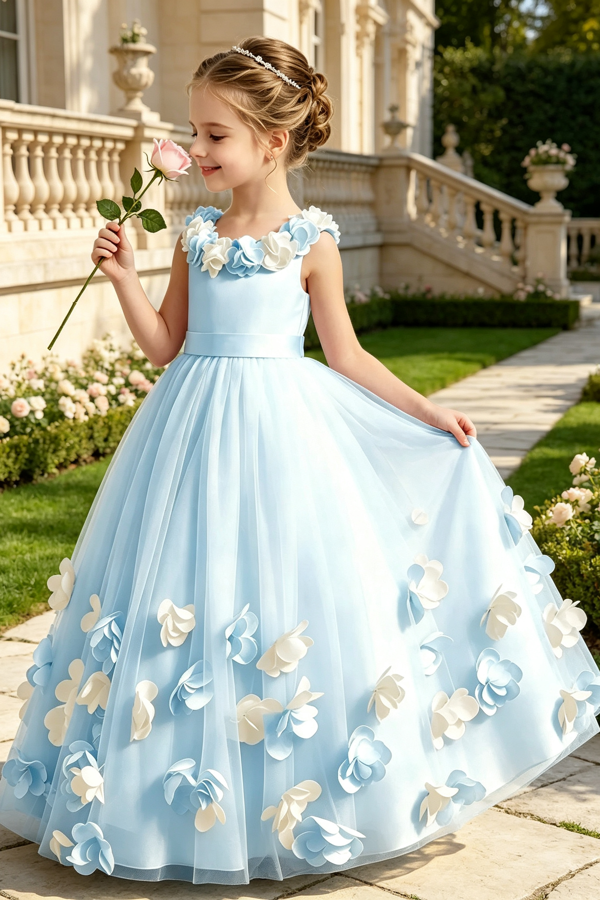 Pink Tulle Round Neck 3D Floral Appliqué A‑Line Flower Girl Dress