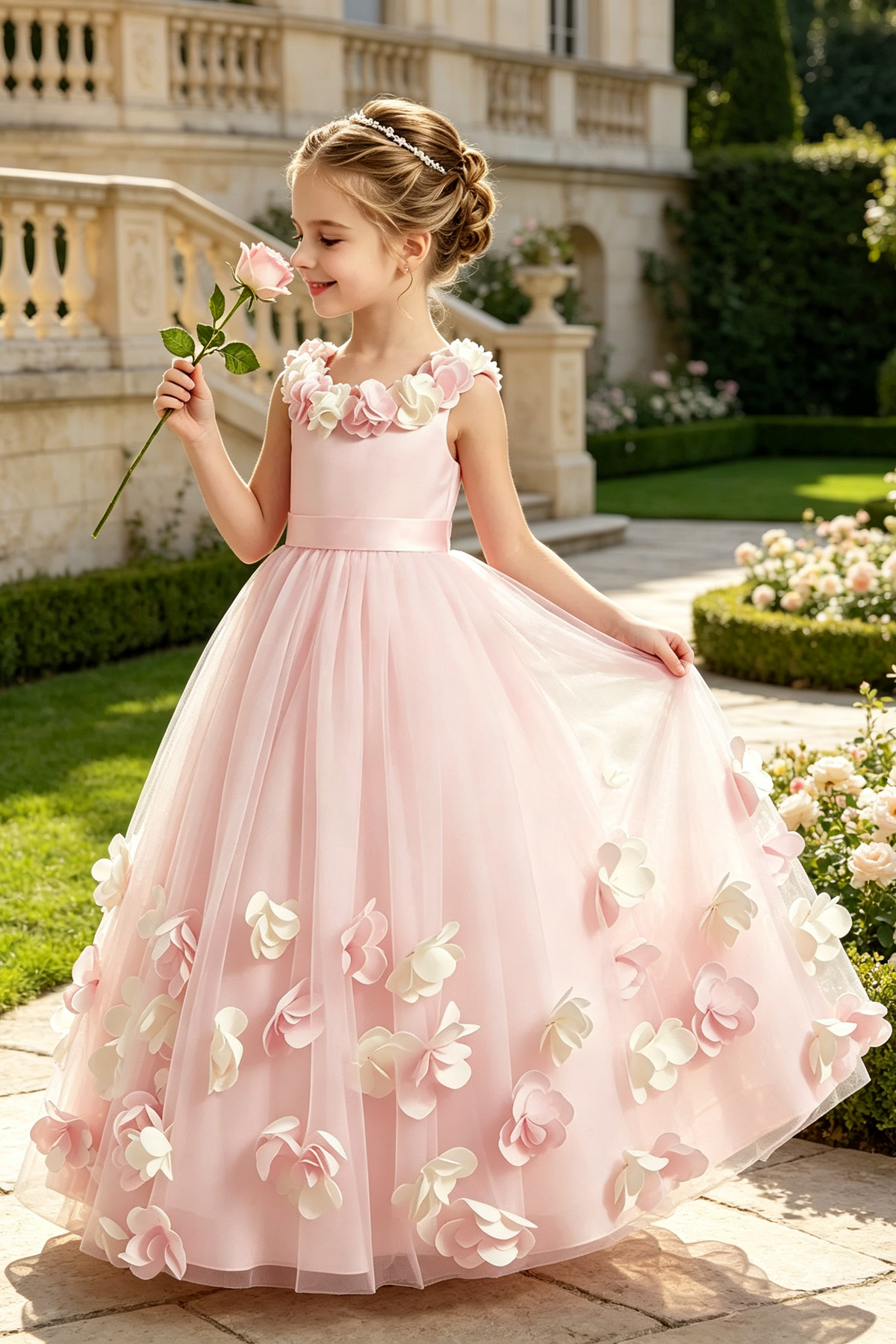 Pink Tulle Round Neck 3D Floral Appliqué A‑Line Flower Girl Dress