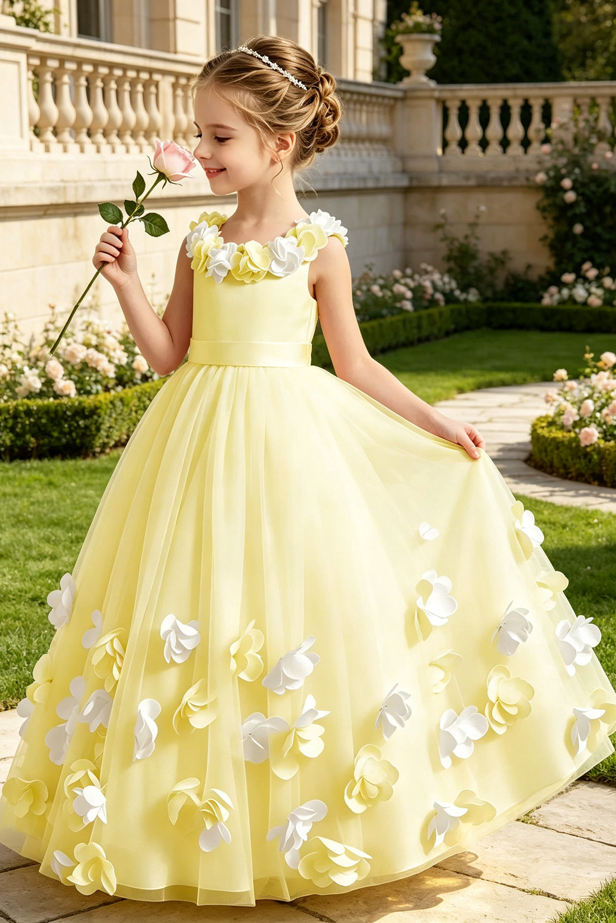 Pink Tulle Round Neck 3D Floral Appliqué A‑Line Flower Girl Dress