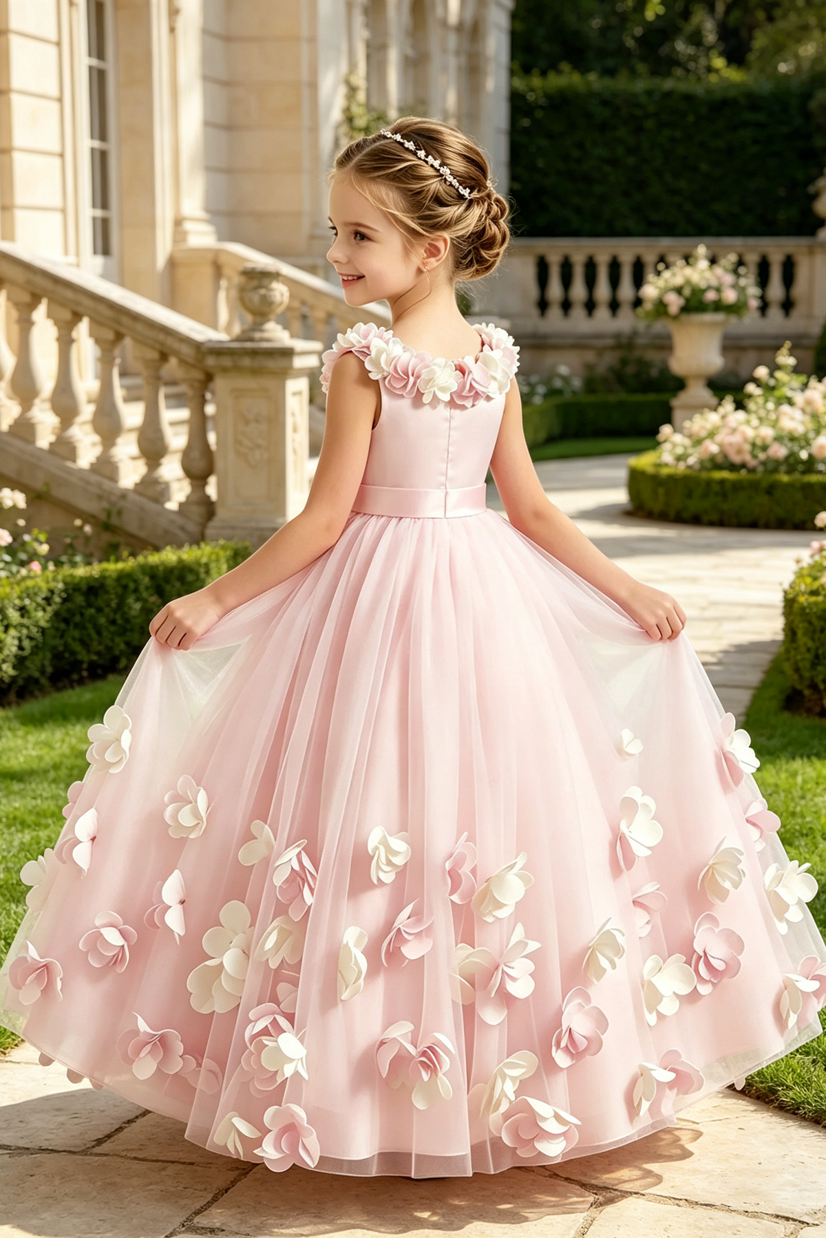 Pink Tulle Round Neck 3D Floral Appliqué A‑Line Flower Girl Dress
