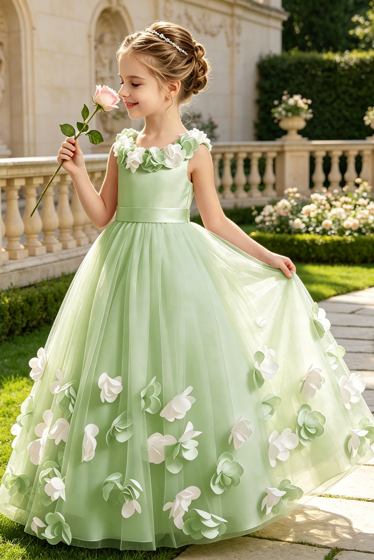 Pink Tulle Round Neck 3D Floral Appliqué A‑Line Flower Girl Dress