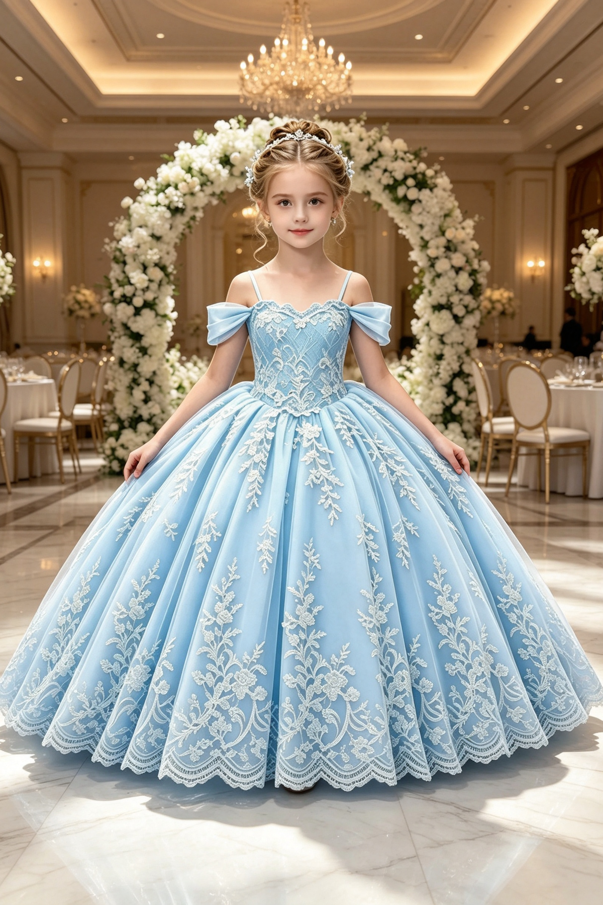 Blue Off The Shoulder Heavy‑Duty Lace Embroidery Satin Bow Tulle A‑Line Dress