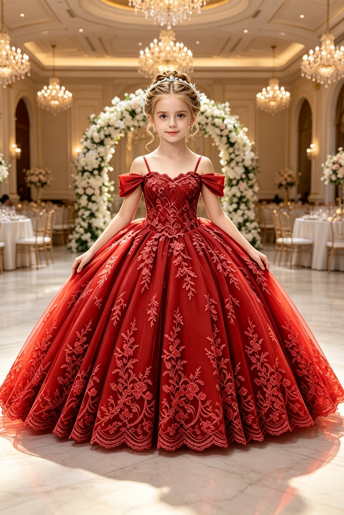 Blue Off The Shoulder Heavy‑Duty Lace Embroidery Satin Bow Tulle A‑Line Dress