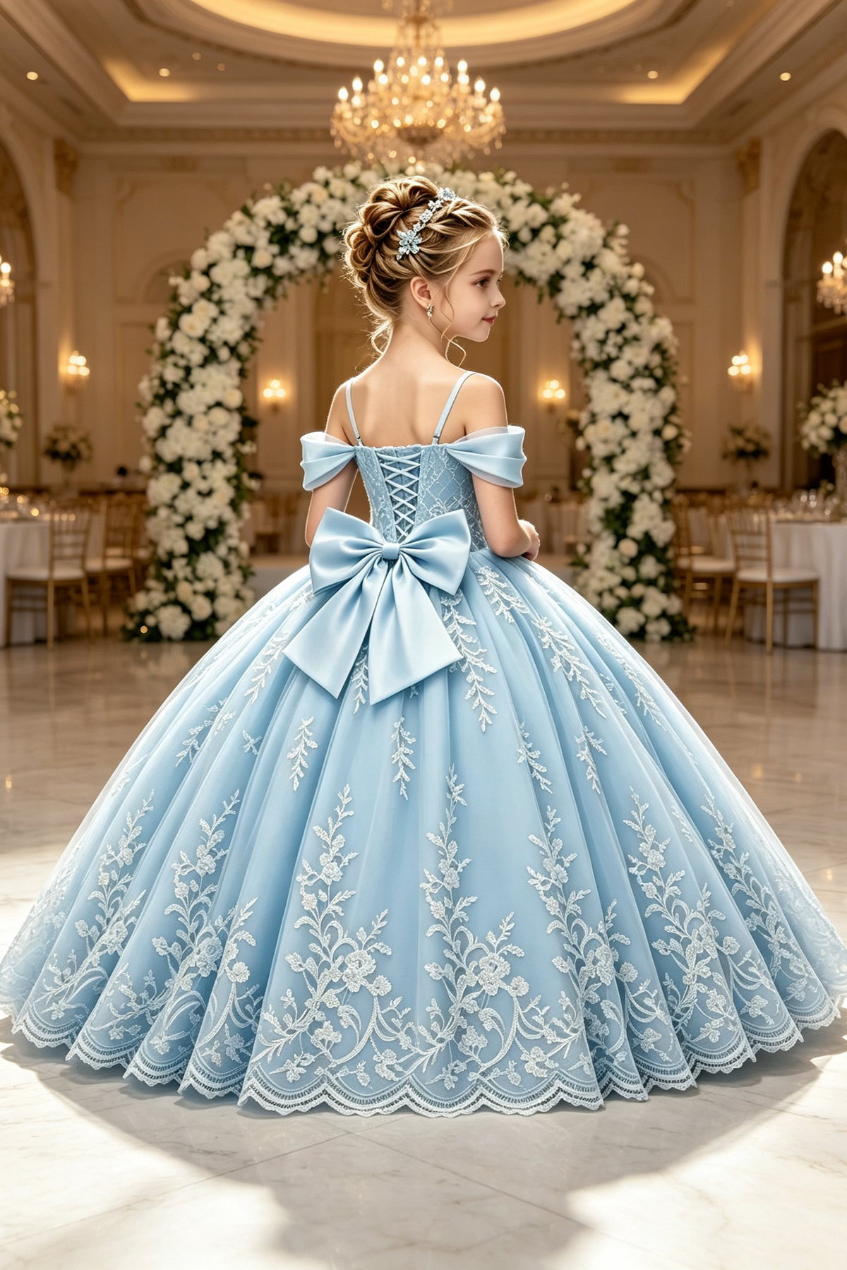 Blue Off The Shoulder Heavy‑Duty Lace Embroidery Satin Bow Tulle A‑Line Dress