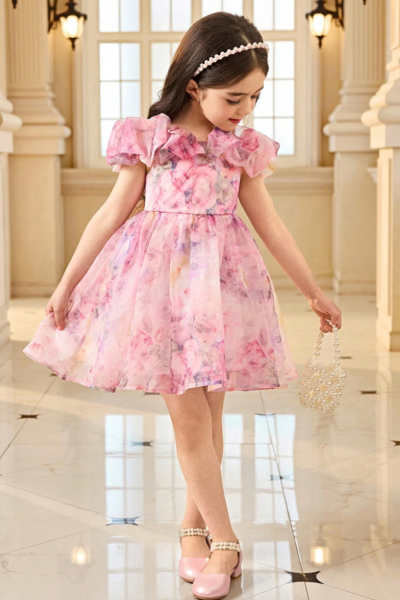 Pink Off The Shoulder Chiffon Flower Print Ruffle Pearl Waist A‑Line Dress