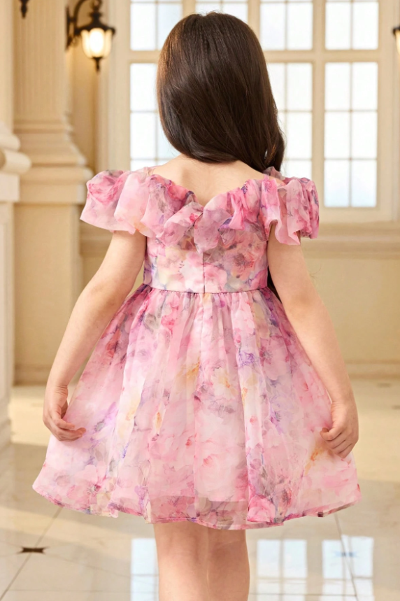 Pink Off The Shoulder Chiffon Flower Print Ruffle Pearl Waist A‑Line Dress