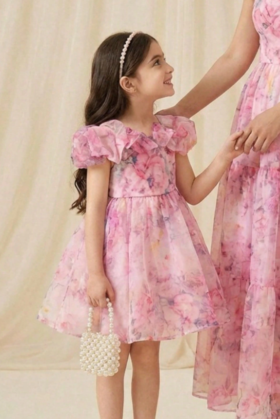 Pink Off The Shoulder Chiffon Flower Print Ruffle Pearl Waist A‑Line Dress