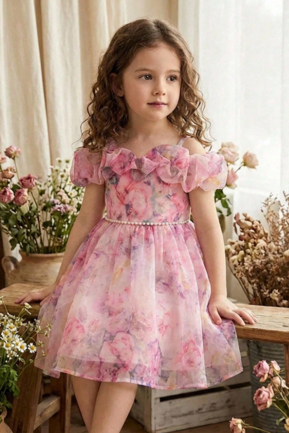 Pink Off The Shoulder Chiffon Flower Print Ruffle Pearl Waist A‑Line Dress