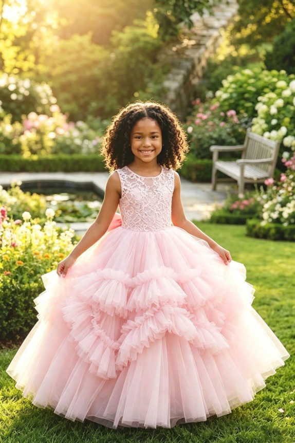 Pink Lace Tulle Tiered Ruffles Oversized Satin Bow A‑Line Flower Girl Dress