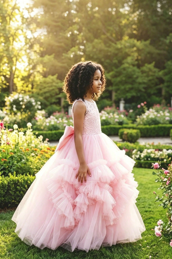 Pink Lace Tulle Tiered Ruffles Oversized Satin Bow A‑Line Flower Girl Dress