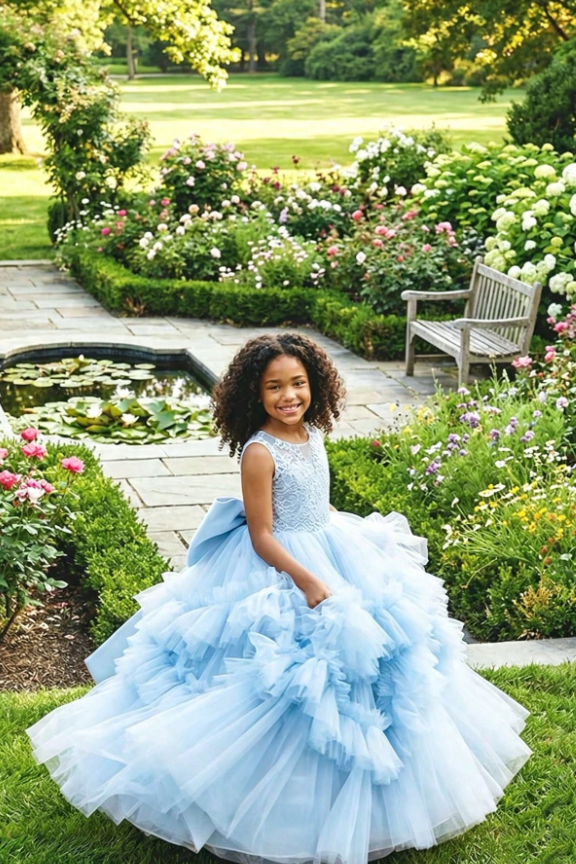 Pink Lace Tulle Tiered Ruffles Oversized Satin Bow A‑Line Flower Girl Dress