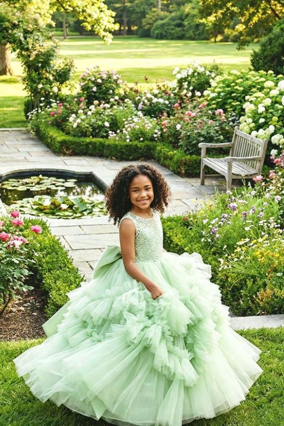 Pink Lace Tulle Tiered Ruffles Oversized Satin Bow A‑Line Flower Girl Dress