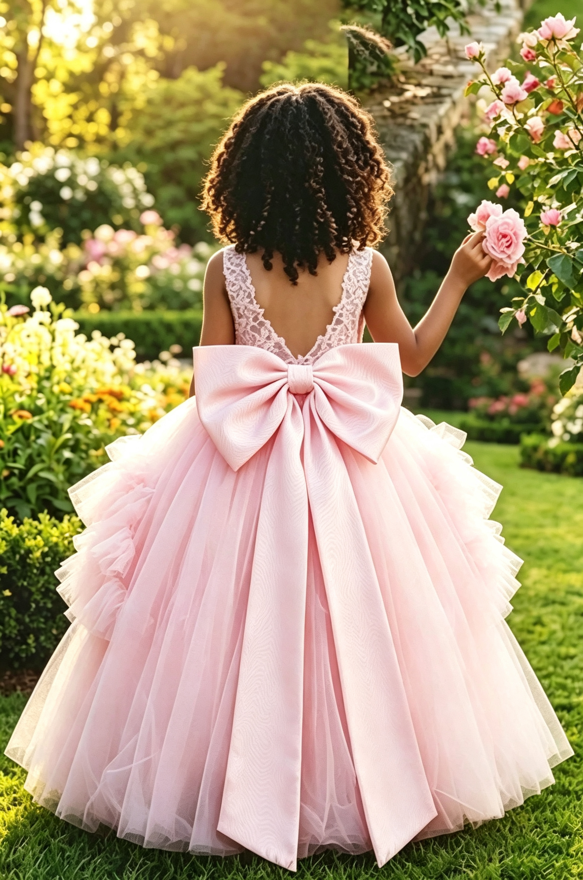 Pink Lace Tulle Tiered Ruffles Oversized Satin Bow A‑Line Flower Girl Dress