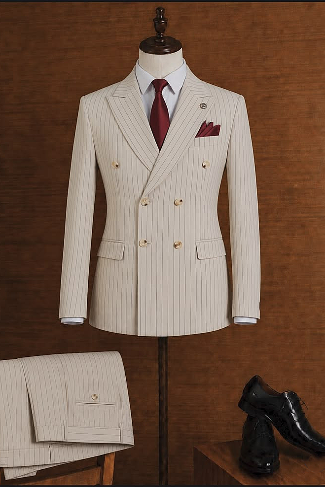 Beige Formal Striped Double‑Breasted 2‑Piece Suit Set