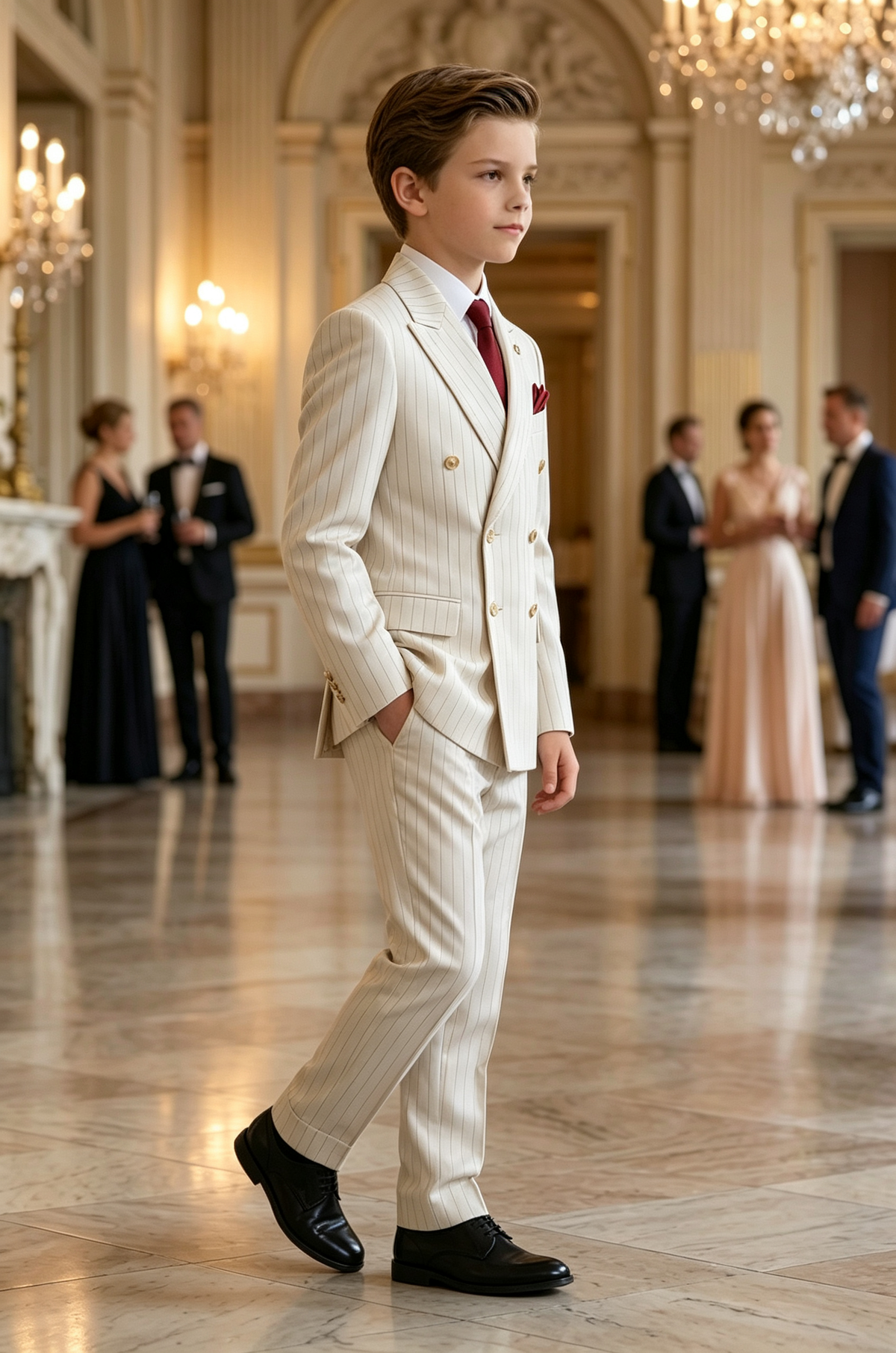 Beige Formal Striped Double‑Breasted 2‑Piece Suit Set