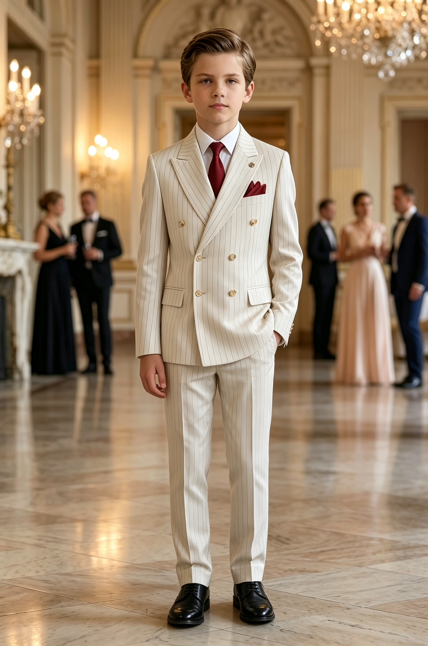 Beige Formal Striped Double‑Breasted 2‑Piece Suit Set