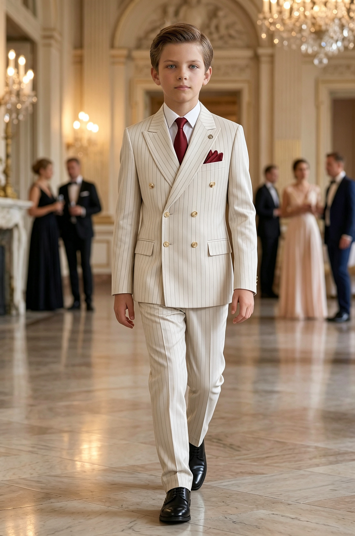 Beige Formal Striped Double‑Breasted 2‑Piece Suit Set