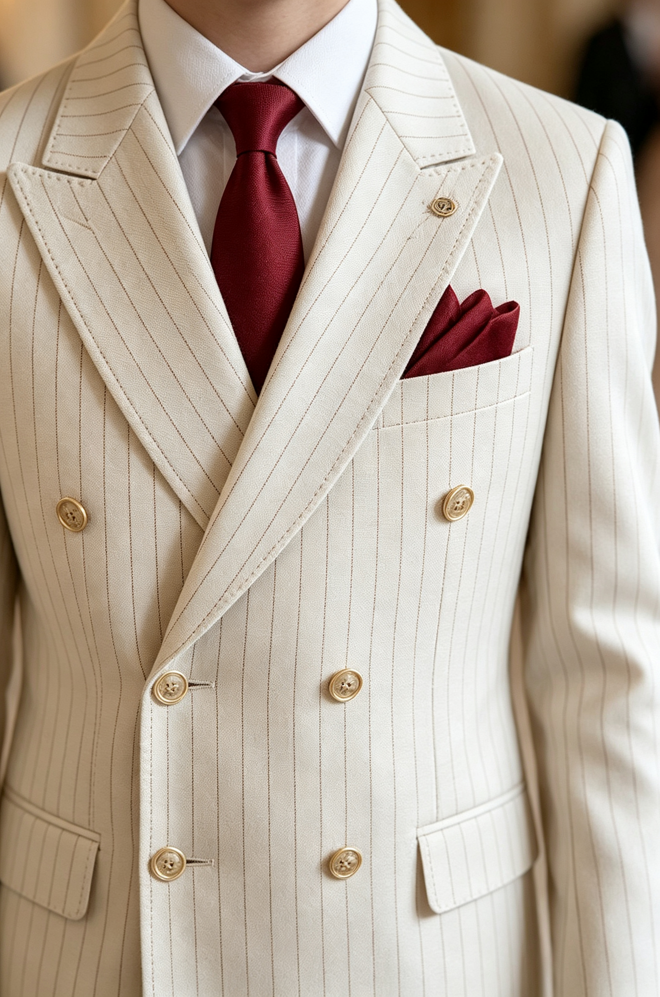 Beige Formal Striped Double‑Breasted 2‑Piece Suit Set