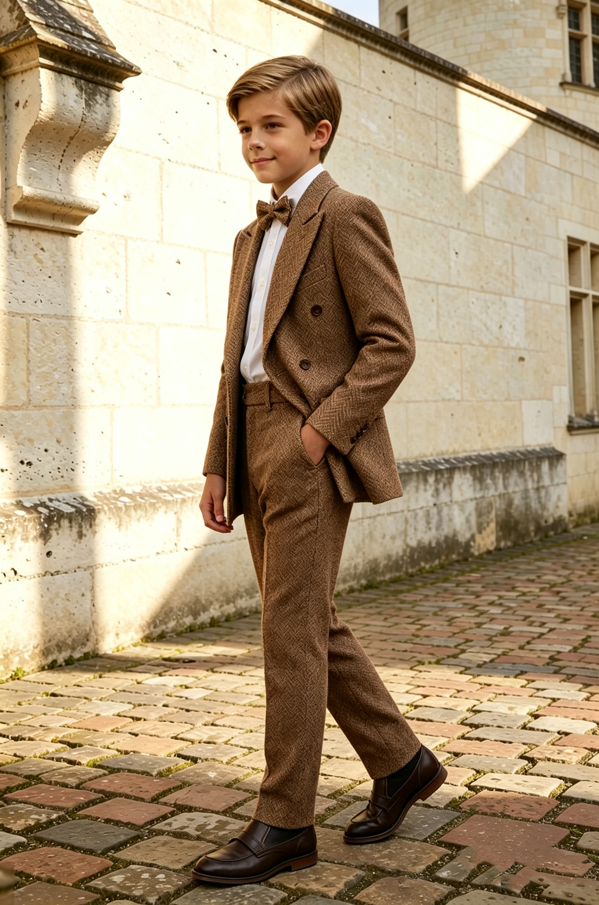 Brown Heavy‑Weight Herringbone Tweed Double‑Breasted 2‑Piece Suit Set