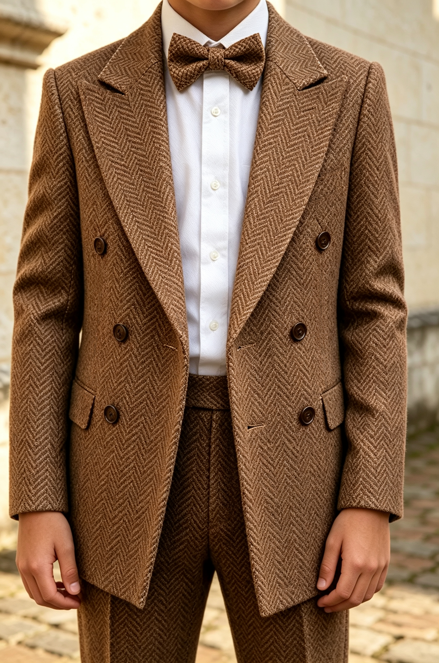 Brown Heavy‑Weight Herringbone Tweed Double‑Breasted 2‑Piece Suit Set