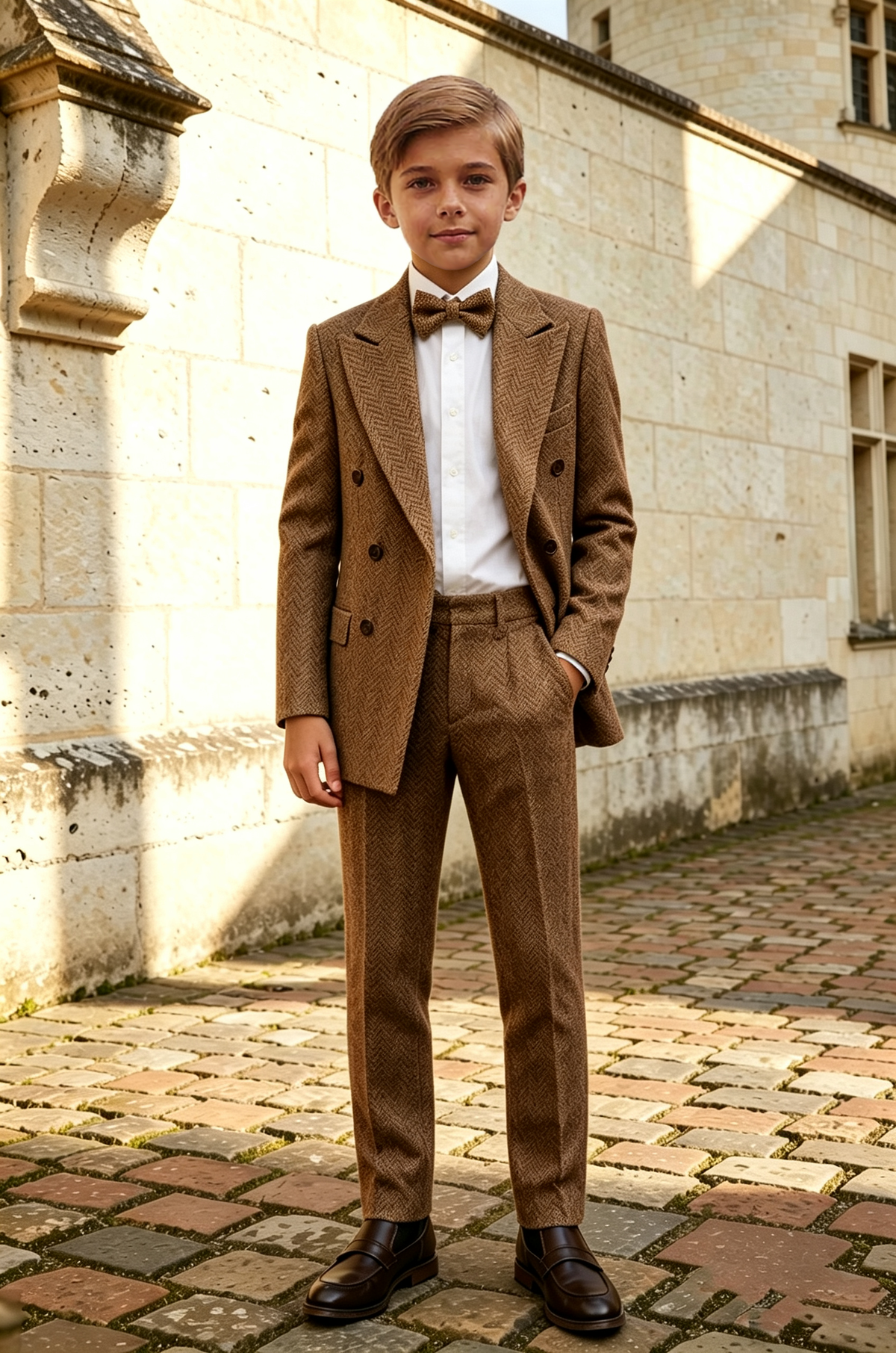 Brown Heavy‑Weight Herringbone Tweed Double‑Breasted 2‑Piece Suit Set