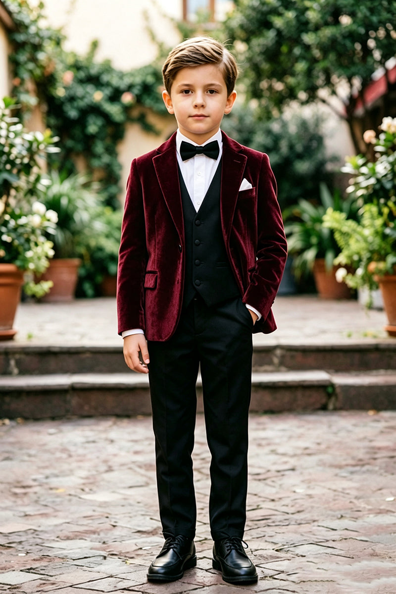 Boys Burgundy Velvet with Notch Lapel 3‑Piece Suit for Weddings