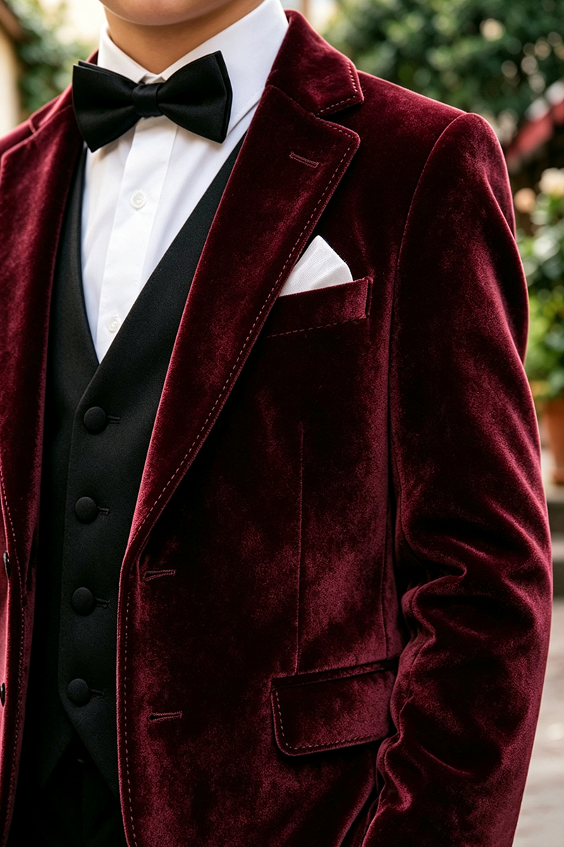 Boys Burgundy Velvet with Notch Lapel 3‑Piece Suit for Weddings