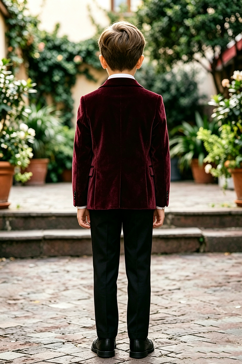Boys Burgundy Velvet with Notch Lapel 3‑Piece Suit for Weddings