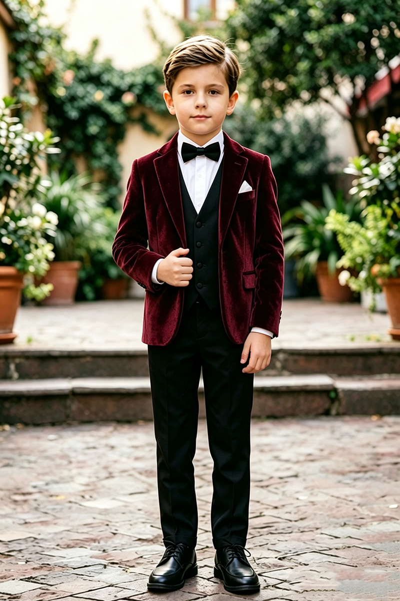 Boys Burgundy Velvet with Notch Lapel 3‑Piece Suit for Weddings