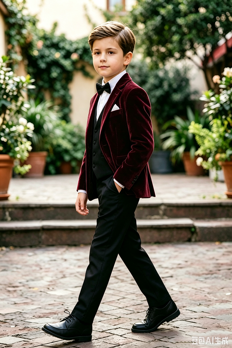 Boys Burgundy Velvet with Notch Lapel 3‑Piece Suit for Weddings