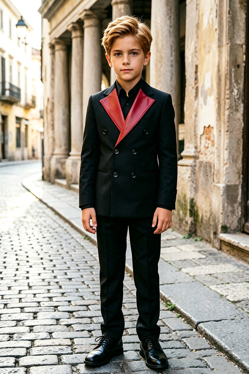 Boys Black with Glossy Red Peak Lapel 2‑Piece Suit for Weddings