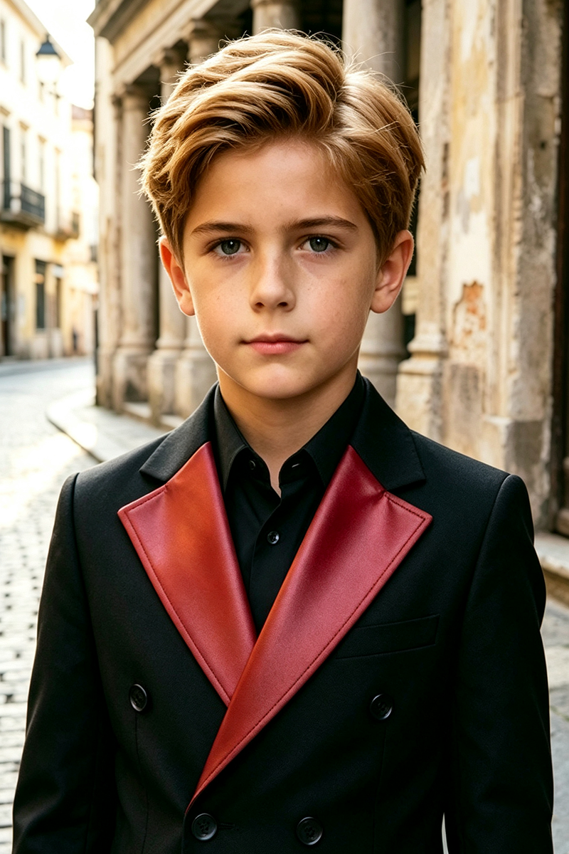 Boys Black with Glossy Red Peak Lapel 2‑Piece Suit for Weddings
