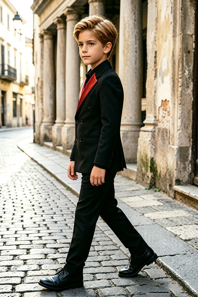 Boys Black with Glossy Red Peak Lapel 2‑Piece Suit for Weddings