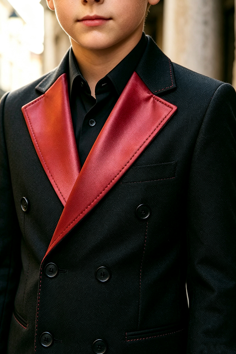 Boys Black with Glossy Red Peak Lapel 2‑Piece Suit for Weddings