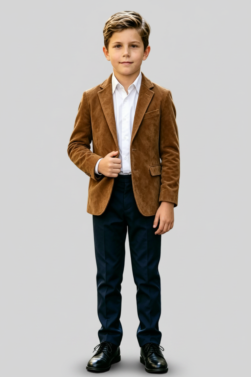 Boys Brown  Suede Jacket & Navy Trousers 2‑Piece Suit for Weddings