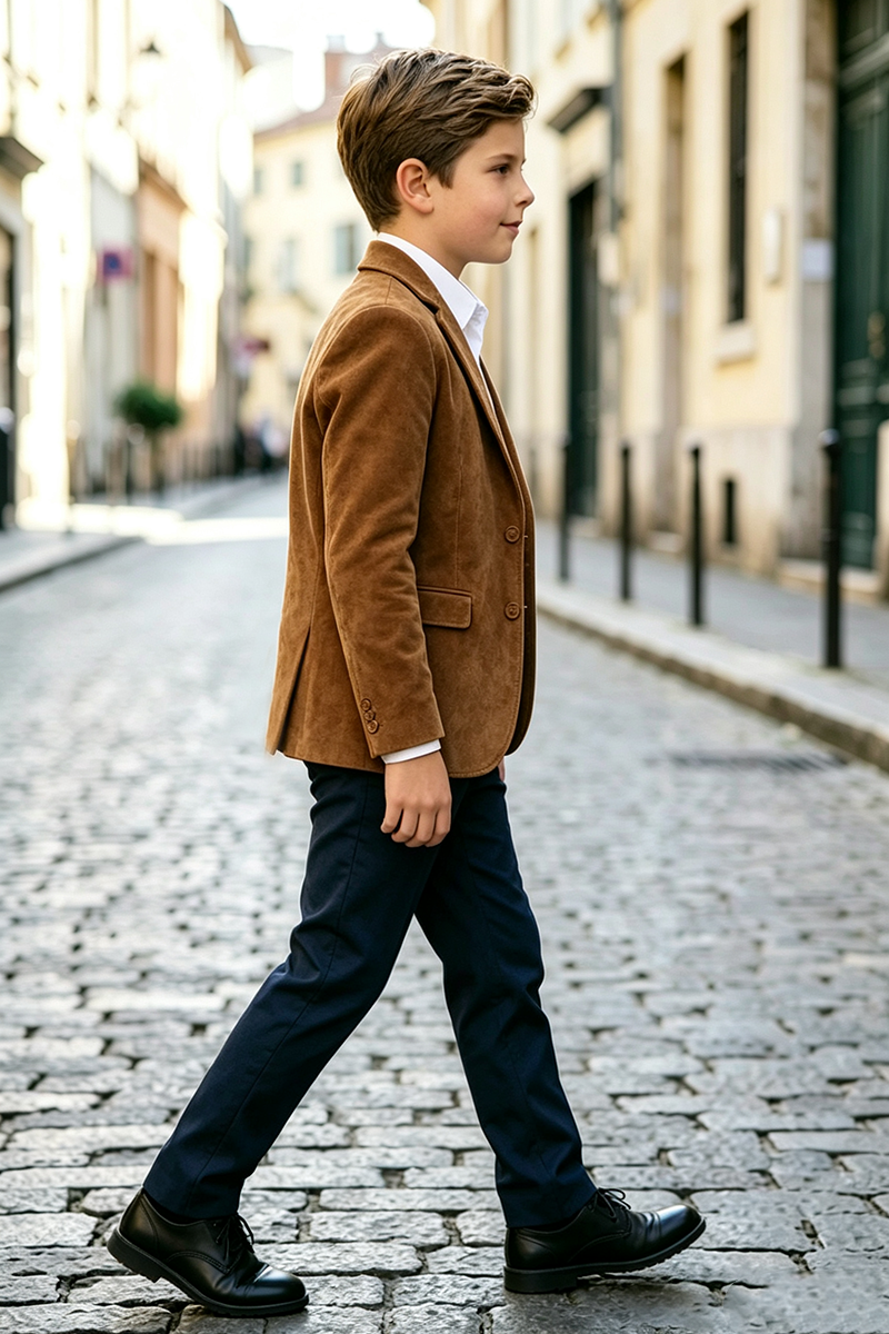 Boys Brown  Suede Jacket & Navy Trousers 2‑Piece Suit for Weddings