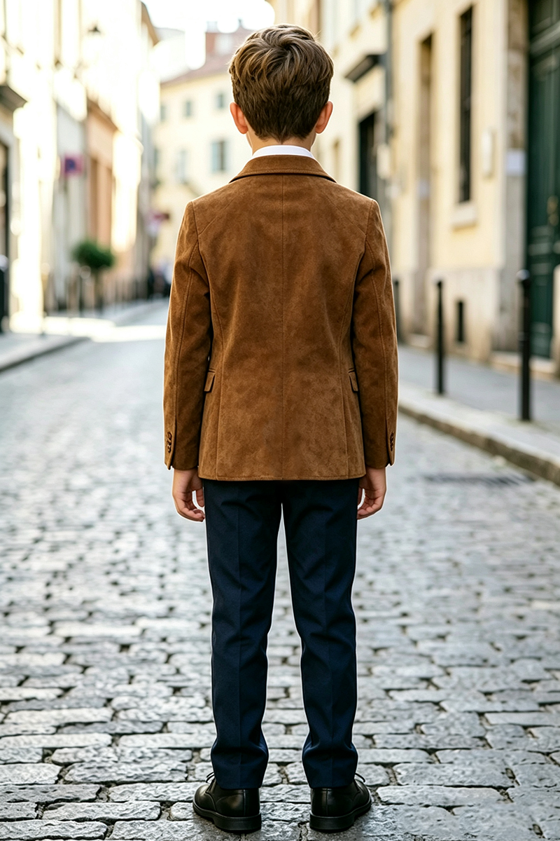 Boys Brown  Suede Jacket & Navy Trousers 2‑Piece Suit for Weddings