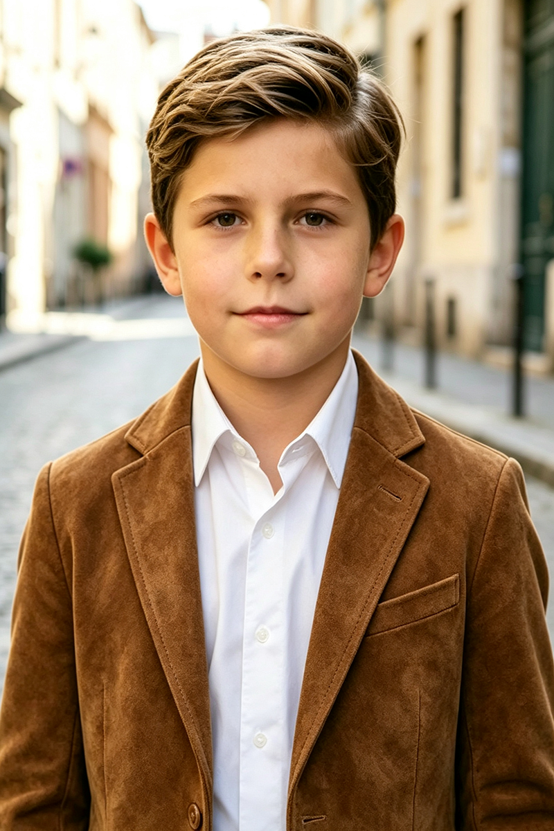 Boys Brown  Suede Jacket & Navy Trousers 2‑Piece Suit for Weddings