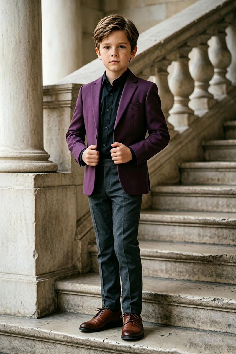Boys Purple with Notch Lapel & Dark Grey Trousers 2‑Piece Suit for Weddings
