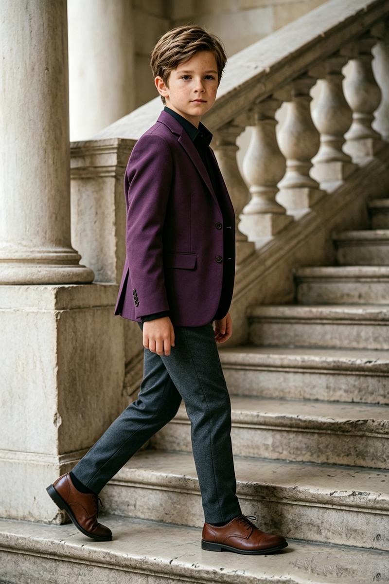 Boys Purple with Notch Lapel & Dark Grey Trousers 2‑Piece Suit for Weddings