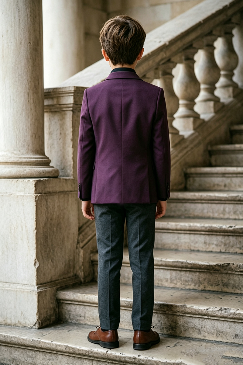 Boys Purple with Notch Lapel & Dark Grey Trousers 2‑Piece Suit for Weddings