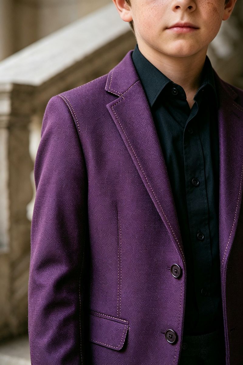 Boys Purple with Notch Lapel & Dark Grey Trousers 2‑Piece Suit for Weddings