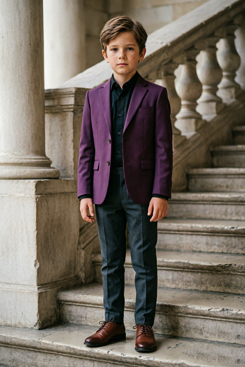 Boys Purple with Notch Lapel & Dark Grey Trousers 2‑Piece Suit for Weddings